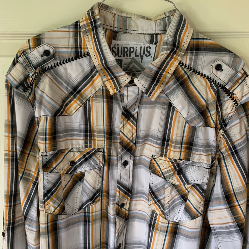 Surplus Large Button Down Shirt White Yellow Black Plaid Western Whipstitch L